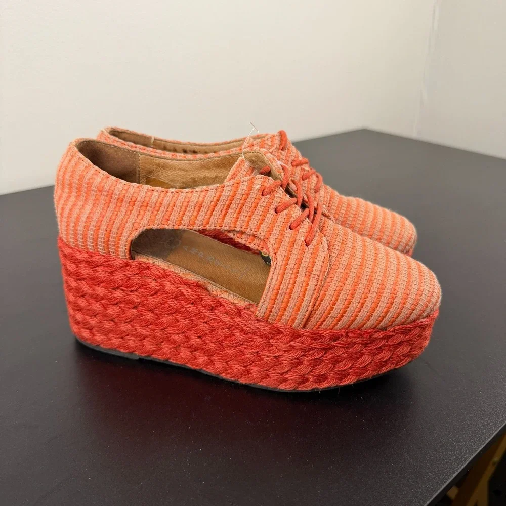 Jeffrey Campbell Tahiti Last Platform Espadrilles Womens 7 Orange Raffia Lace-Up
